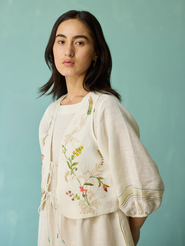 Ora Block-Printed Floral Linen Co-ord Set - Ivory