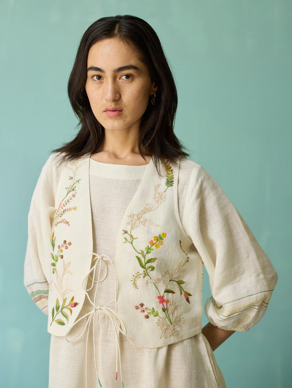 Ora Block-Printed Floral Linen Co-ord Set - Ivory