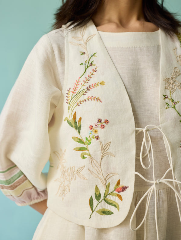 Ora Block-Printed Floral Linen Co-ord Set - Ivory