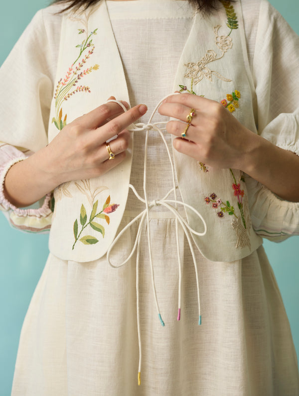 Ora Block-Printed Floral Linen Co-ord Set - Ivory