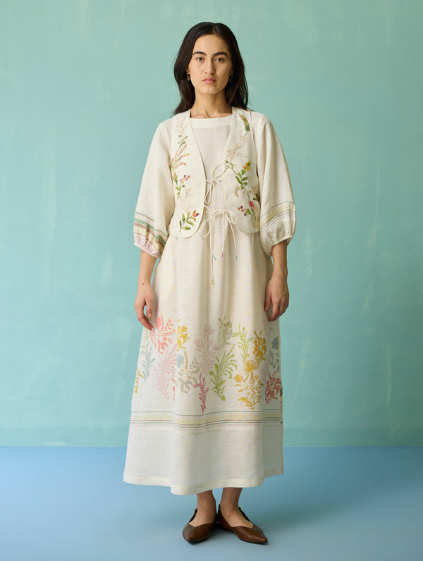 Ora Block-Printed Floral Linen Co-ord Set - Ivory