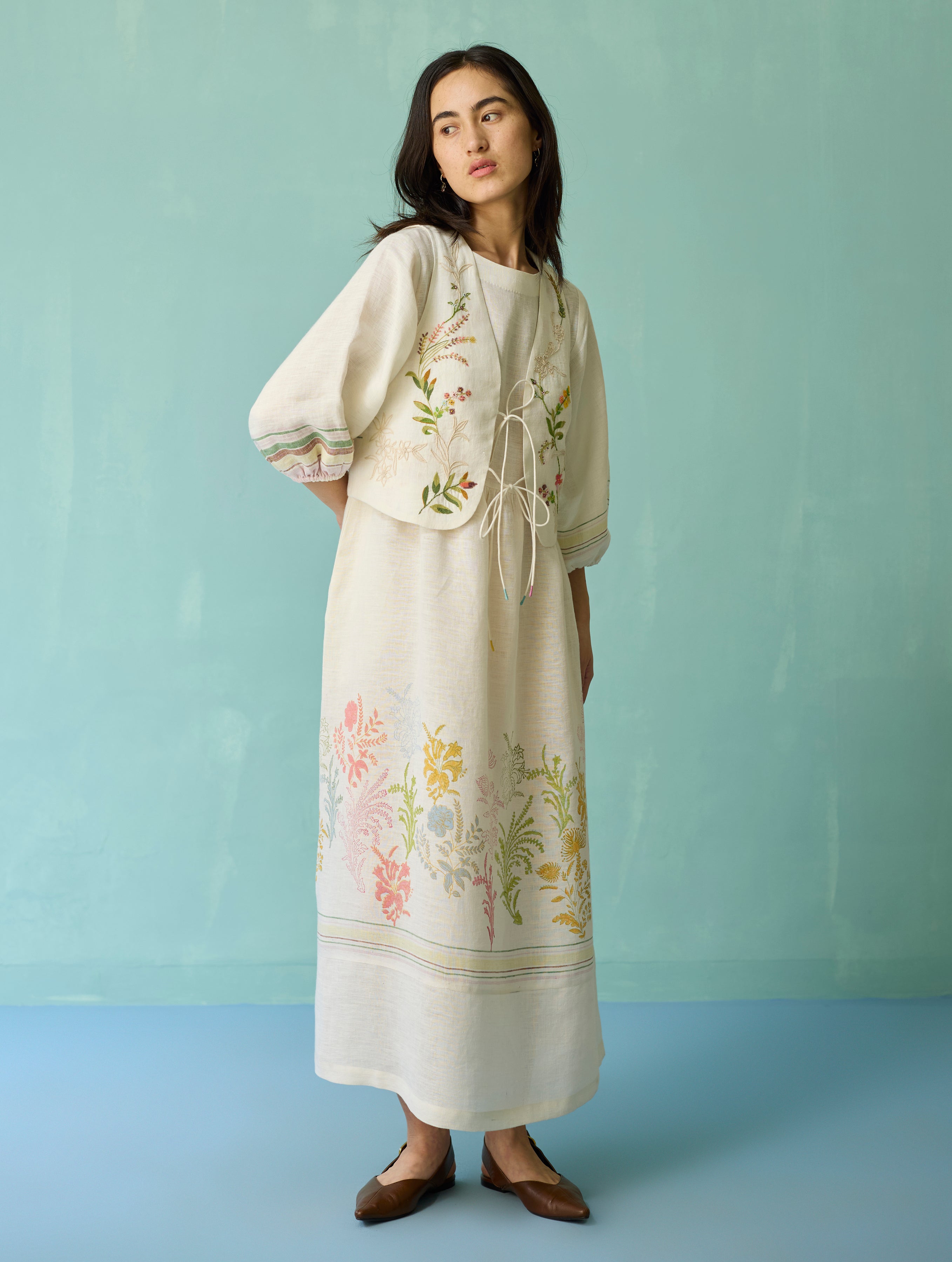 Ora Block-Printed Floral Linen Co-ord Set - Ivory