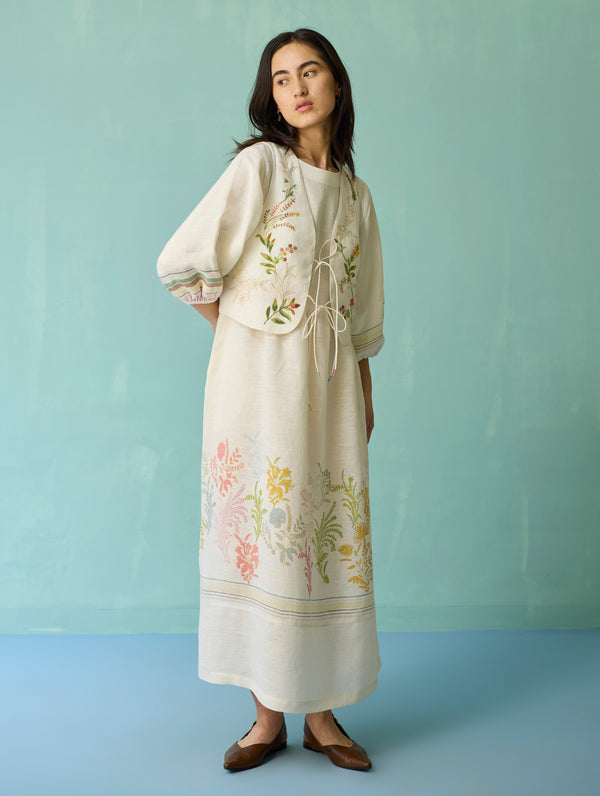 Ora Block-Printed Floral Linen Co-ord Set - Ivory