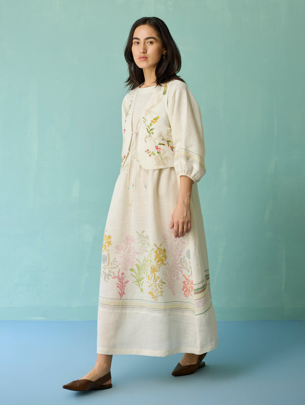 Ora Block-Printed Floral Linen Co-ord Set - Ivory