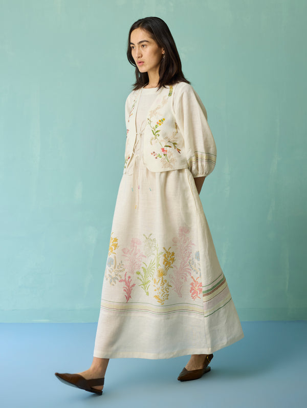 Ora Block-Printed Floral Linen Co-ord Set - Ivory