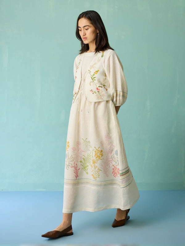 Ora Block-Printed Floral Linen Co-ord Set - Ivory