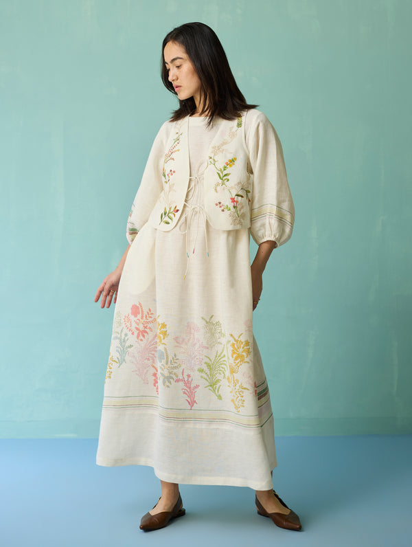 Ora Block-Printed Floral Linen Co-ord Set - Ivory
