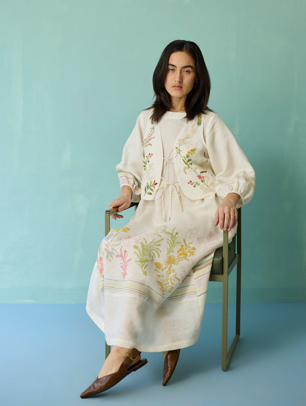 Ora Block-Printed Floral Linen Co-ord Set - Ivory