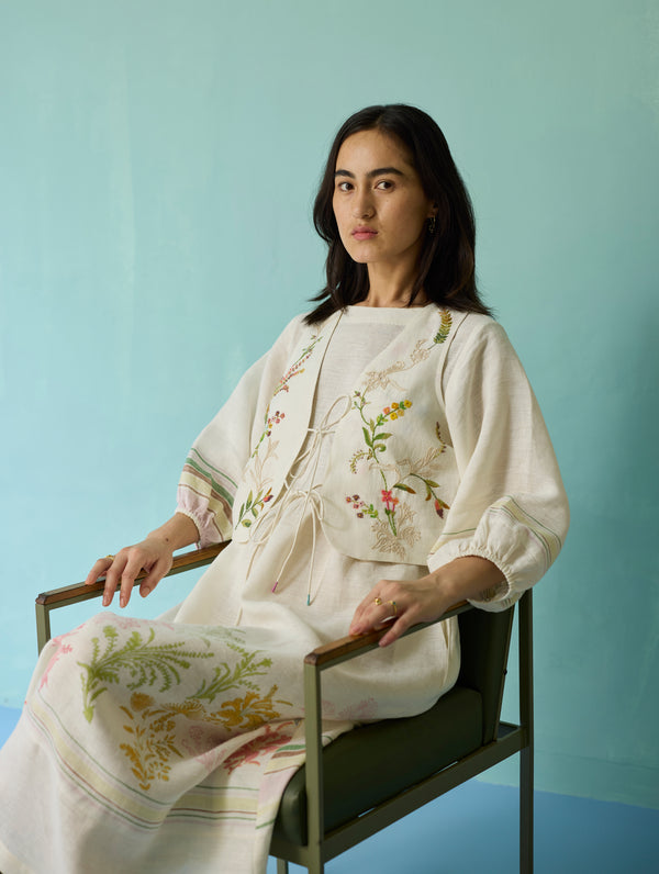 Ora Block-Printed Floral Linen Co-ord Set - Ivory