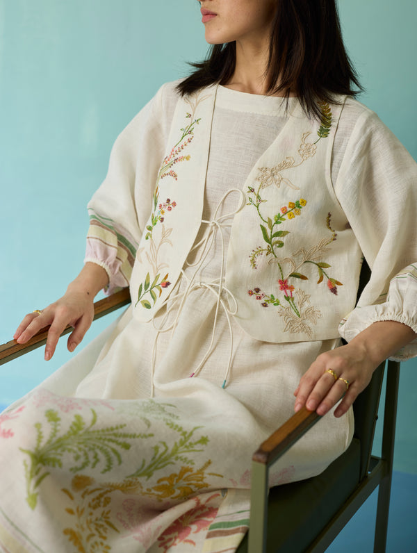 Ora Block-Printed Floral Linen Co-ord Set - Ivory