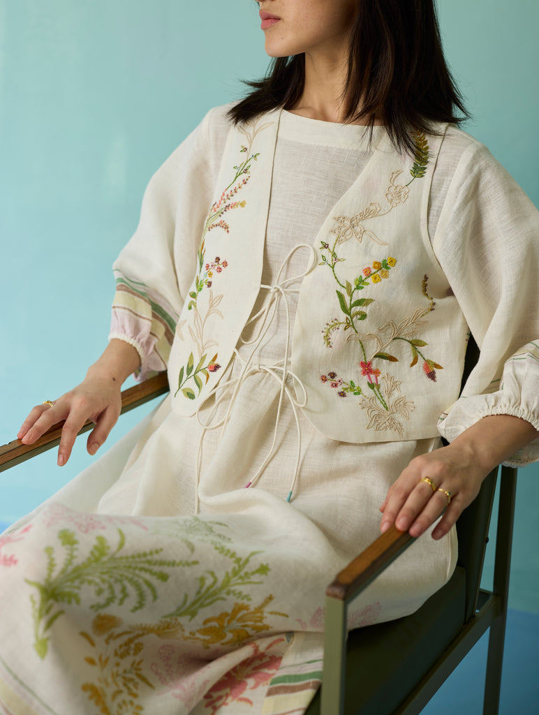 Ora Block-Printed Floral Linen Co-ord Set - Ivory