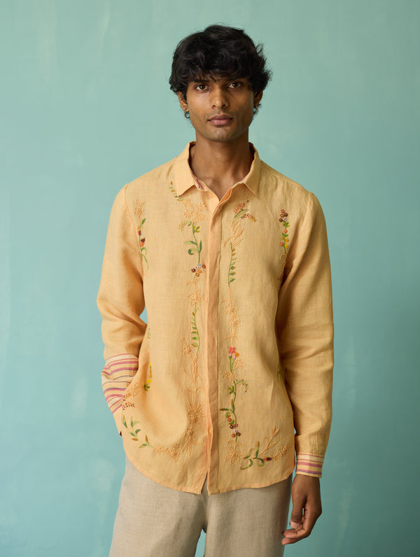 Sid Hand-Embroidered Floral Shirt - Apricot