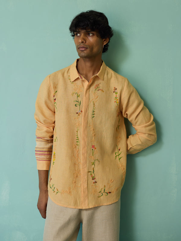 Sid Hand-Embroidered Floral Shirt - Apricot