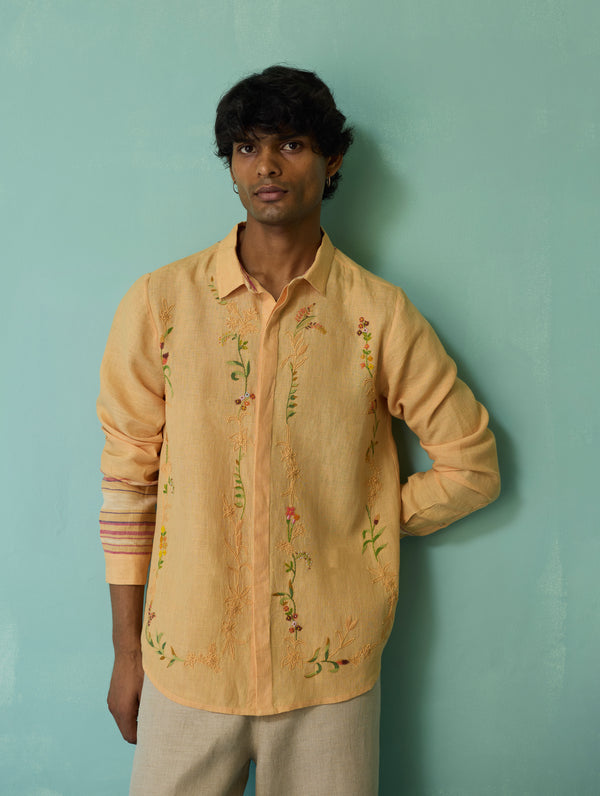 Sid Hand-Embroidered Floral Shirt - Apricot
