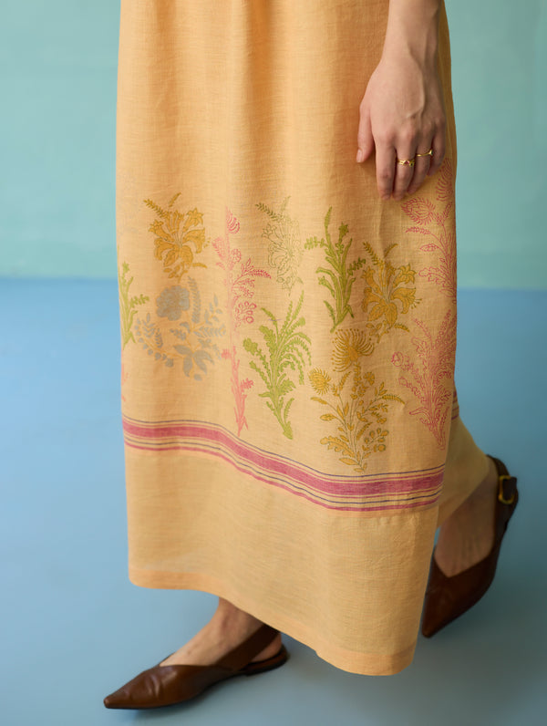 Ora Block-Printed Floral Linen Dress - Apricot