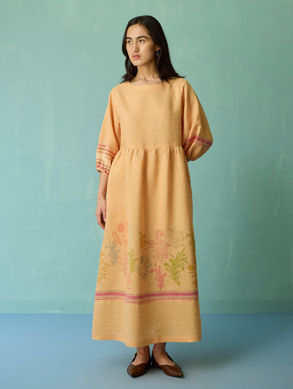 Ora Block-Printed Floral Linen Dress - Apricot