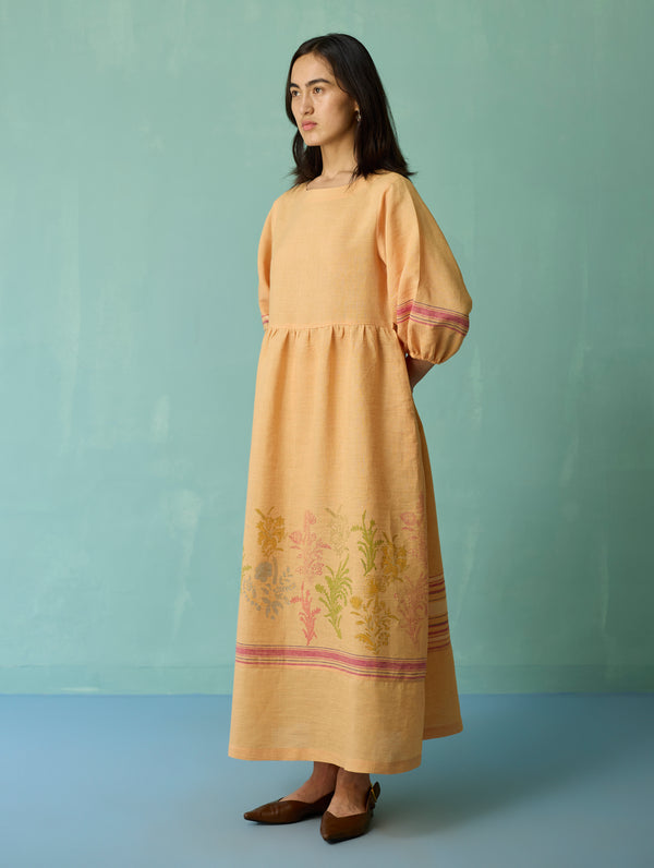 Ora Block-Printed Floral Linen Dress - Apricot