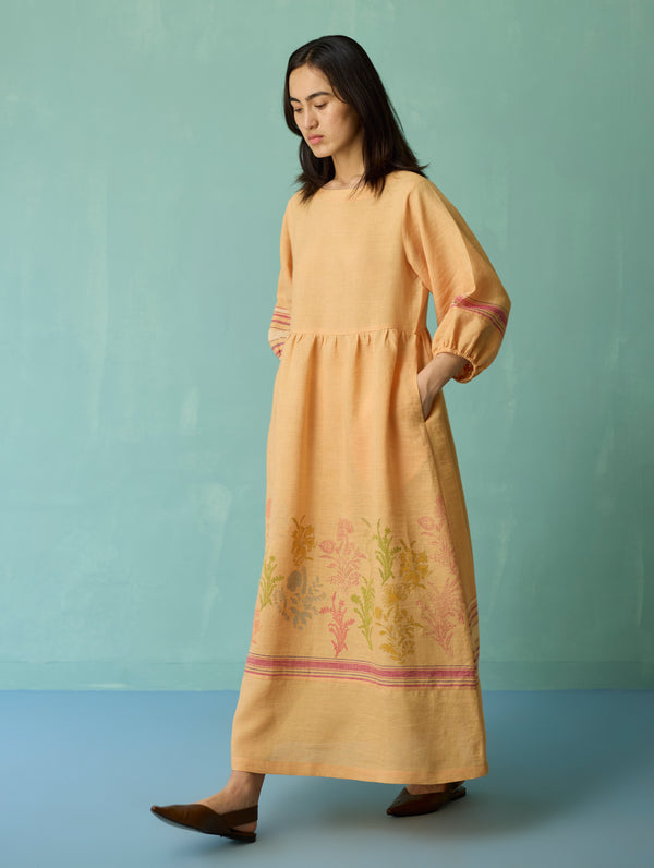 Ora Block-Printed Floral Linen Dress - Apricot