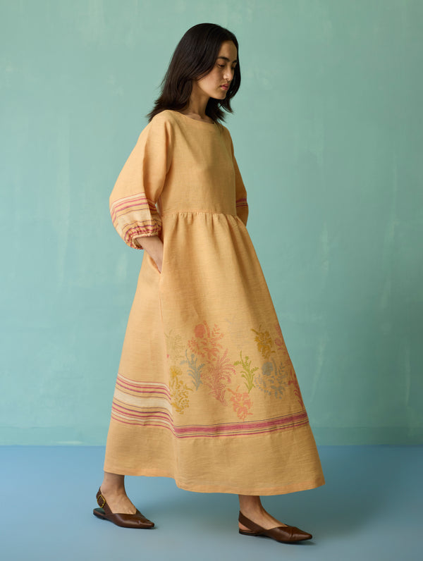 Ora Block-Printed Floral Linen Dress - Apricot