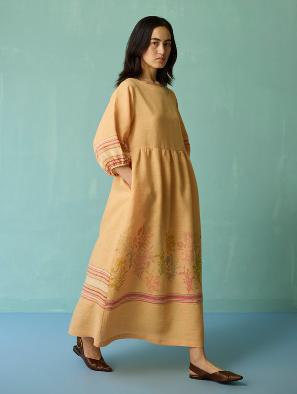 Ora Block-Printed Floral Linen Dress - Apricot