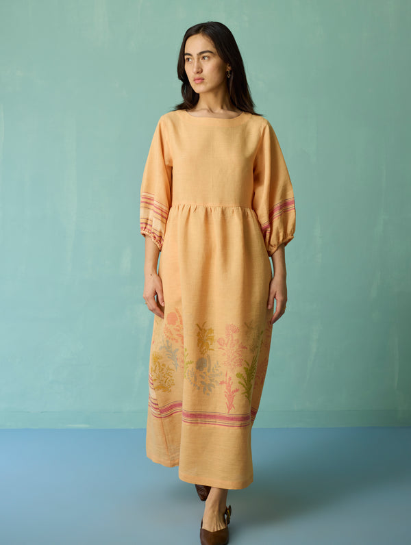 Ora Block-Printed Floral Linen Dress - Apricot