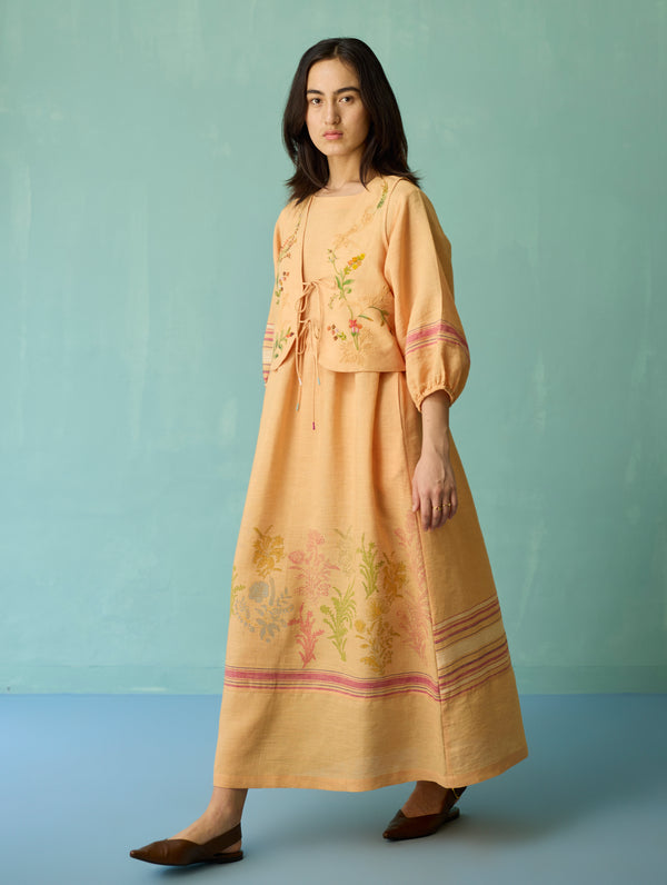 Ora Block-Printed Floral Linen Co-ord Set - Apricot