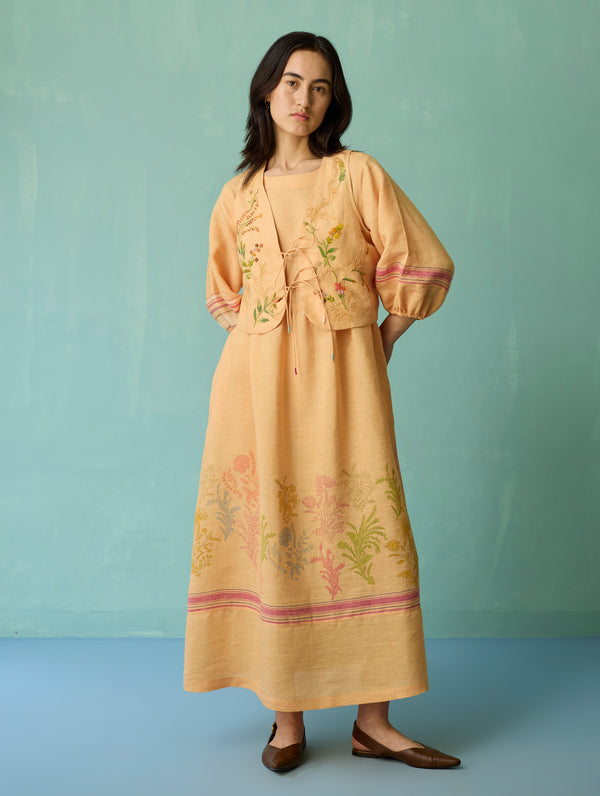 Ora Block-Printed Floral Linen Co-ord Set - Apricot