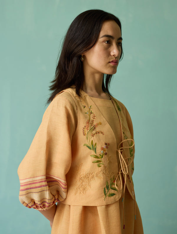 Ora Block-Printed Floral Linen Co-ord Set - Apricot