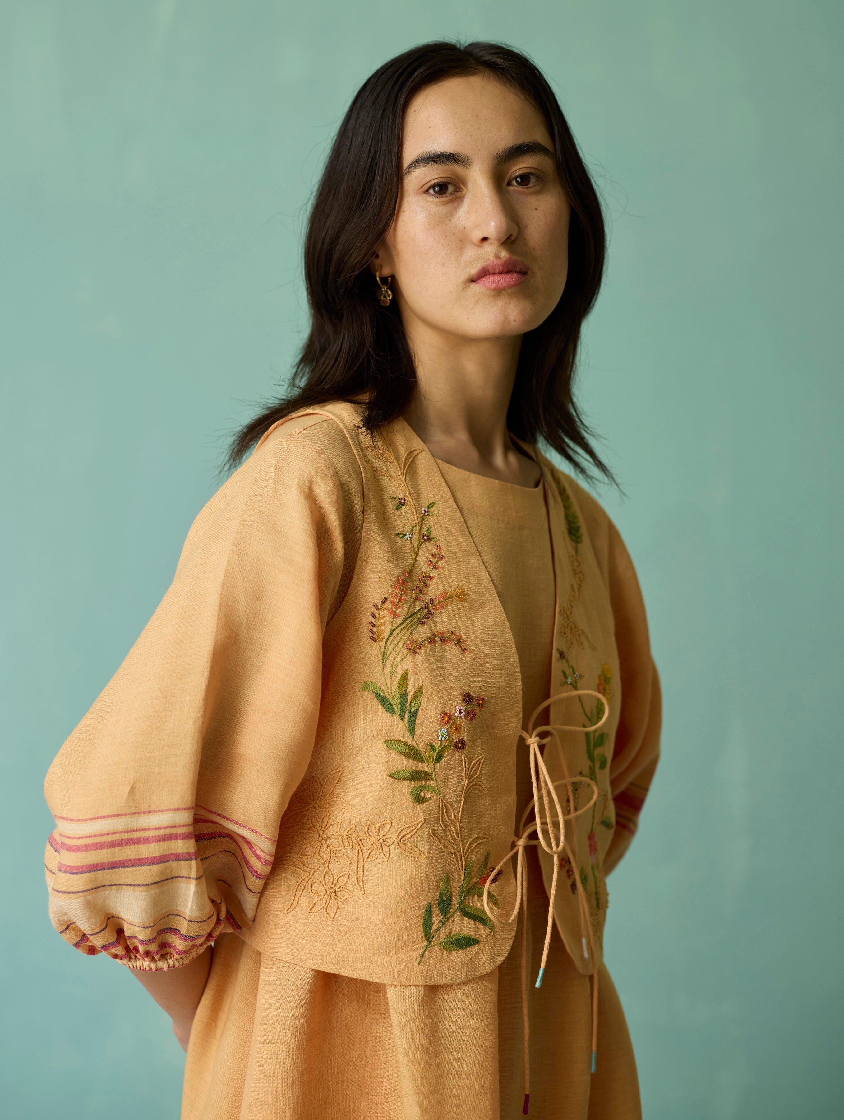 Ora Block-Printed Floral Linen Co-ord Set - Apricot