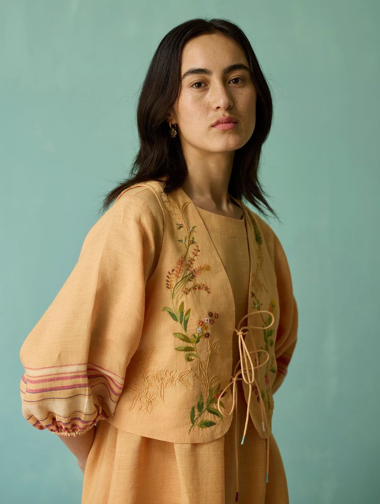 Ora Block-Printed Floral Linen Co-ord Set - Apricot