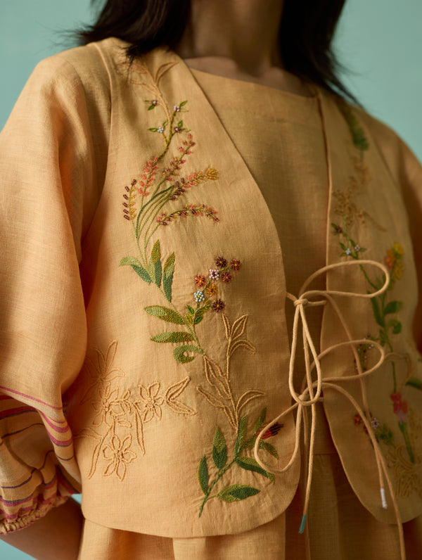 Ora Block-Printed Floral Linen Co-ord Set - Apricot