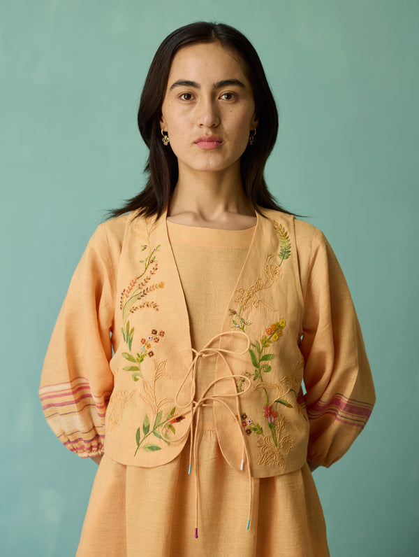 Ora Block-Printed Floral Linen Co-ord Set - Apricot