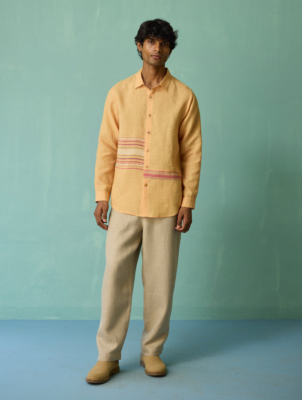 Daniel Border Stripe Linen Shirt - Apricot