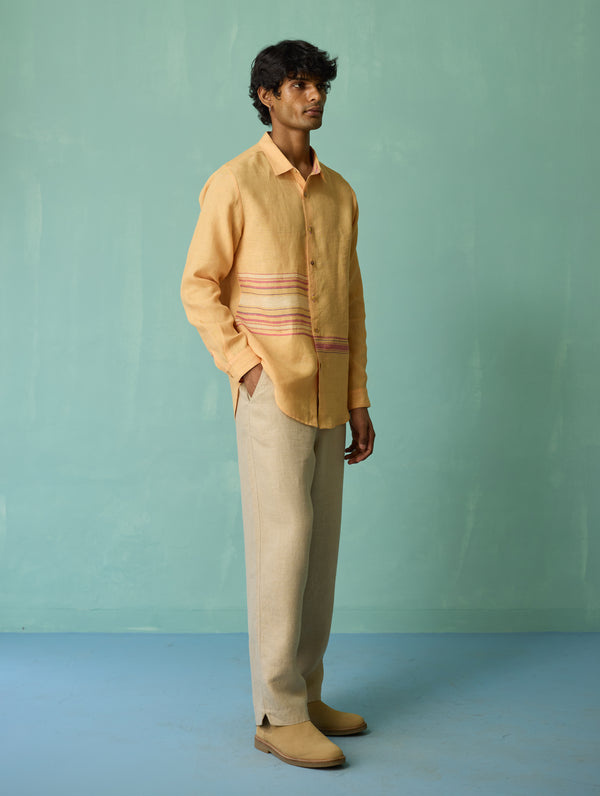 Daniel Border Stripe Linen Shirt - Apricot