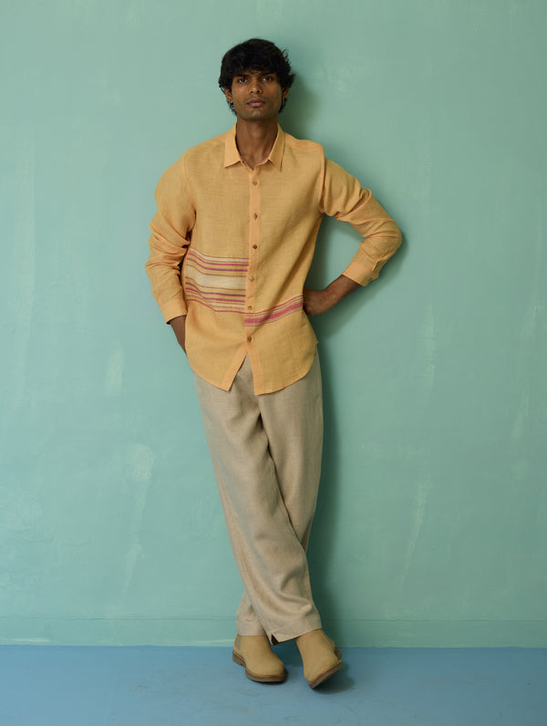 Daniel Border Stripe Linen Shirt - Apricot