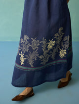 Ora Block-Printed Floral Linen Dress - Indigo