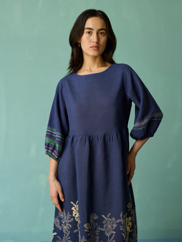 Ora Block-Printed Floral Linen Co-ord Set - Indigo