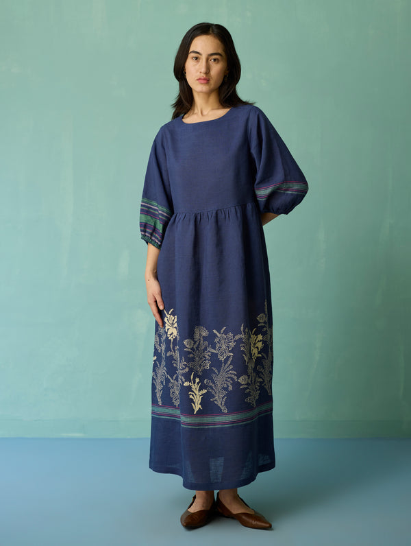 Ora Block-Printed Floral Linen Dress - Indigo
