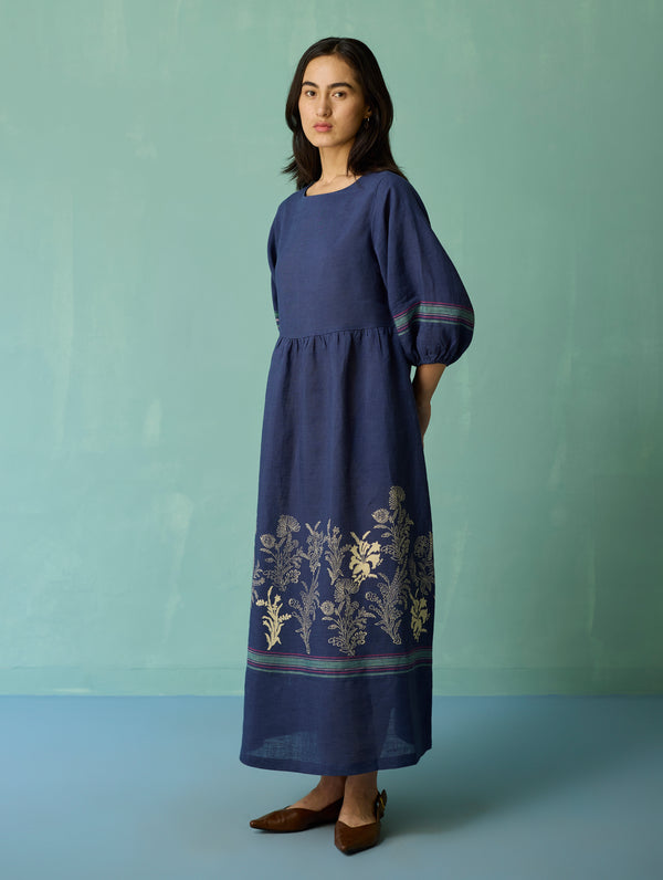 Ora Block-Printed Floral Linen Dress - Indigo