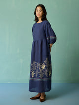 Ora Block-Printed Floral Linen Dress - Indigo