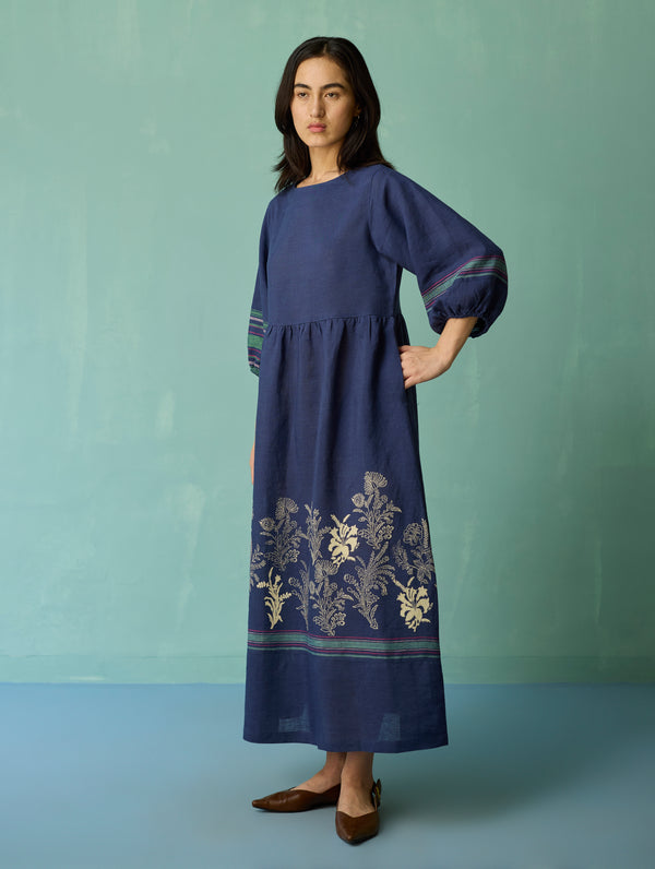 Ora Block-Printed Floral Linen Dress - Indigo