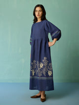 Ora Block-Printed Floral Linen Dress - Indigo