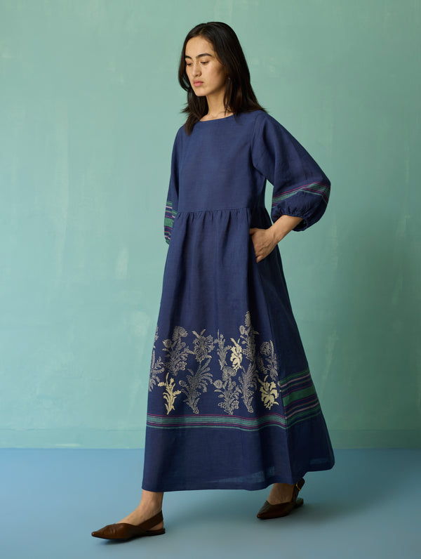 Ora Block-Printed Floral Linen Dress - Indigo