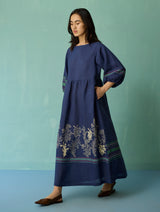 Ora Block-Printed Floral Linen Dress - Indigo