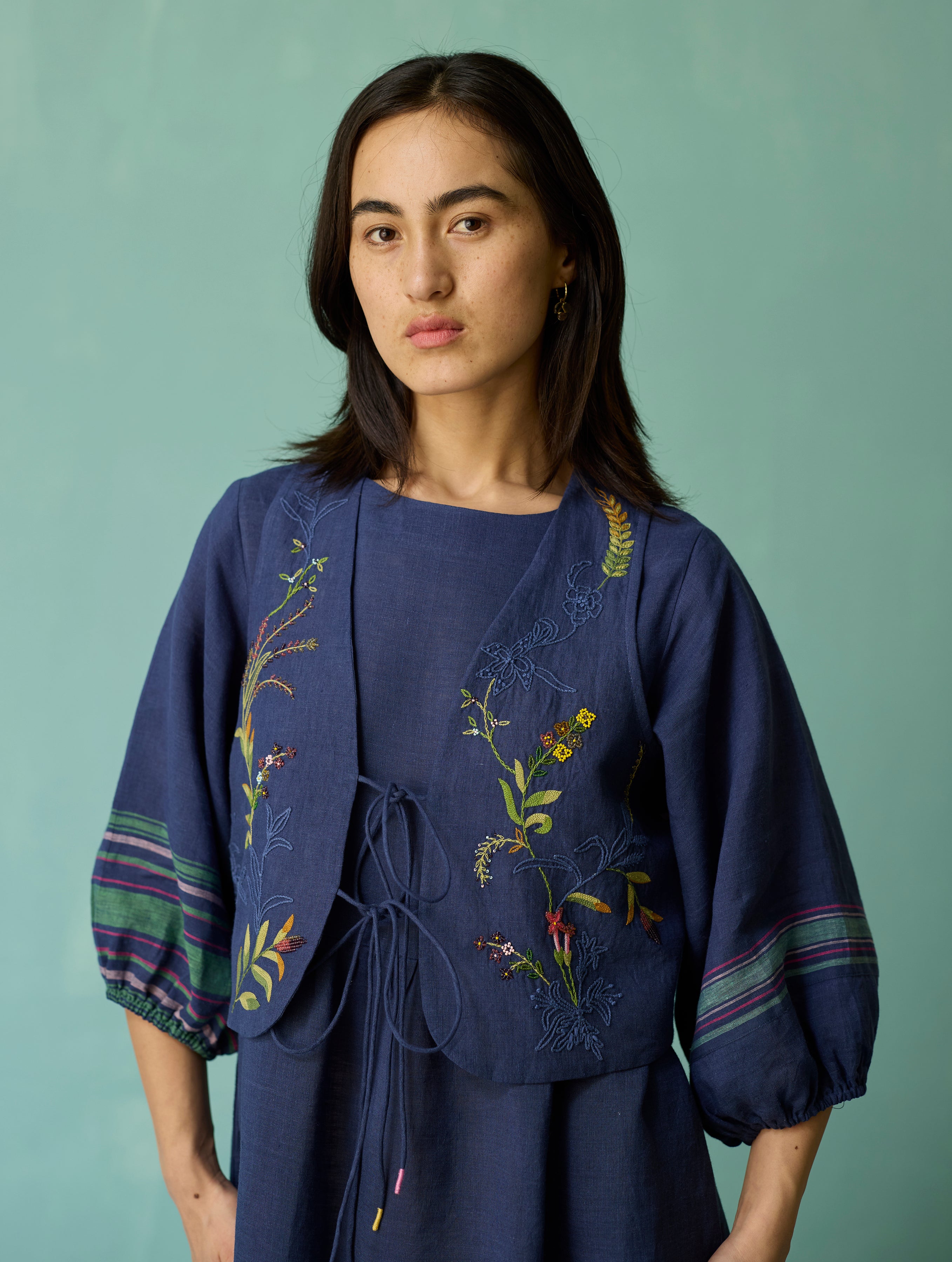 Ora Block-Printed Floral Linen Co-ord Set - Indigo
