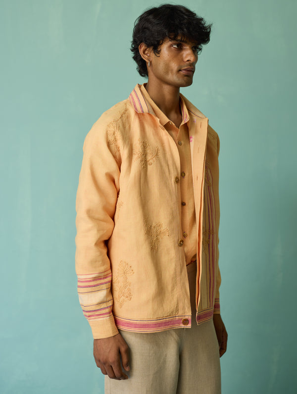Sorren Hand-Embroidered Border Linen Jacket - Apricot