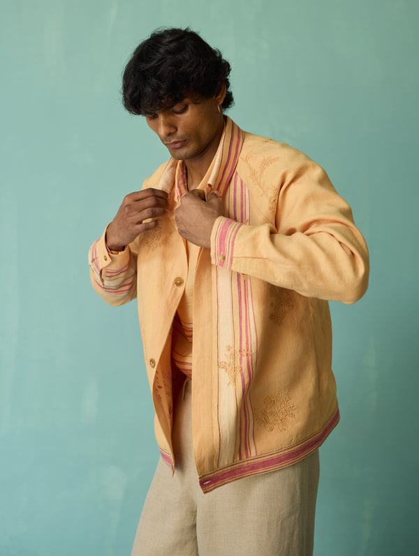 Sorren Hand-Embroidered Border Linen Jacket - Apricot