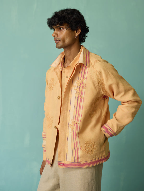 Sorren Hand-Embroidered Border Linen Jacket - Apricot