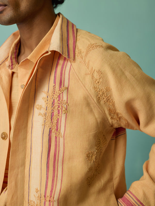 Sorren Hand-Embroidered Border Linen Jacket - Apricot