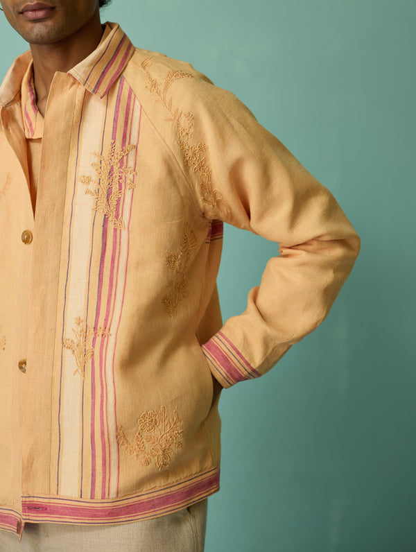 Sorren Hand-Embroidered Border Linen Jacket - Apricot
